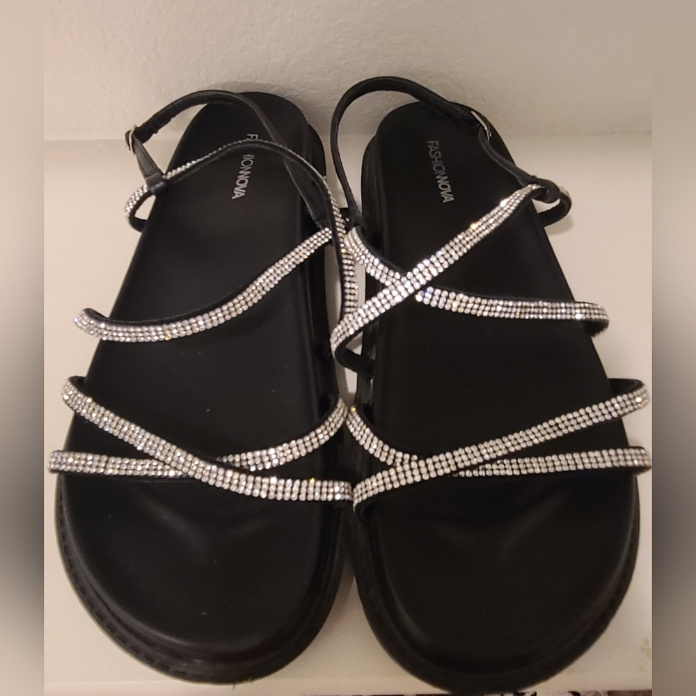 Fashion Nova Strappy Black and Silver Sandals